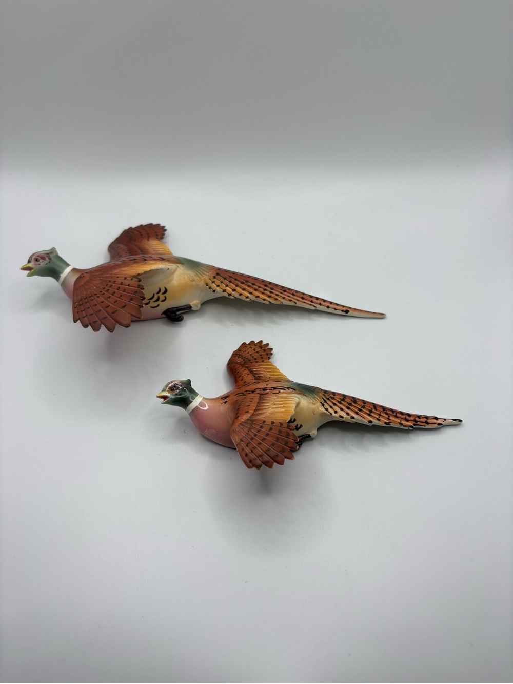 Two MCM Decorative Flying Pheasant Bird Wall Decor Chalkware Japan 6” READ